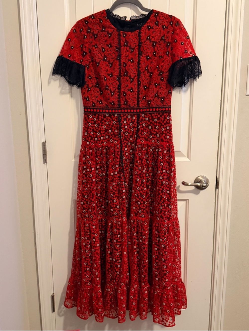 SALONI Red and Black Embellished Midi Dress